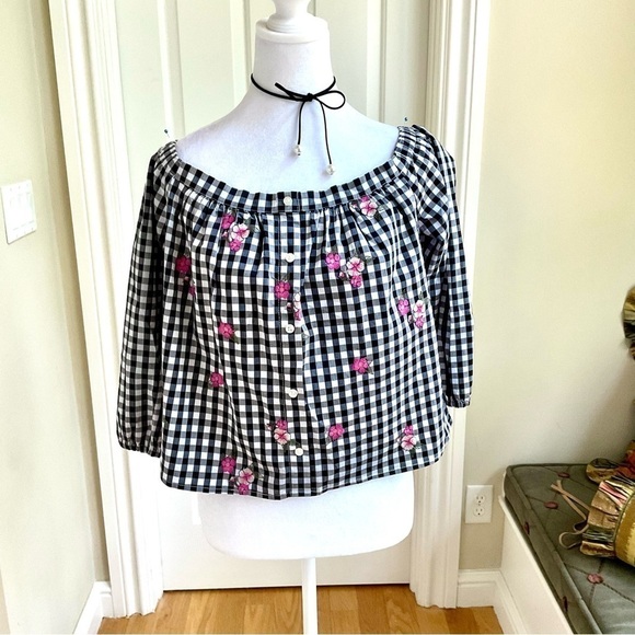 Hollister Tops - Hollister Top Gingham Black & White Check Pink Embroidery Off SHoulder (M)